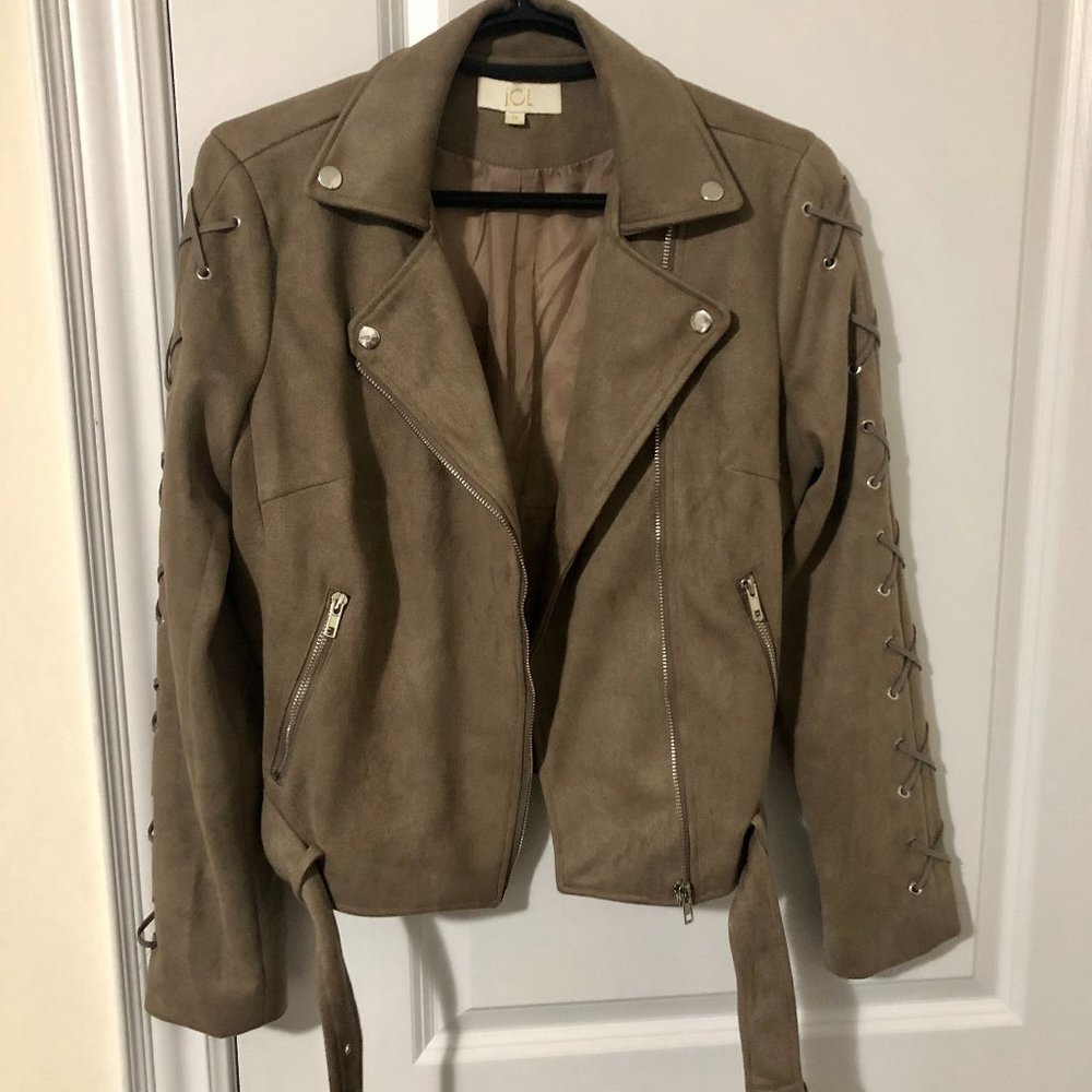 Beige Faux Suede Biker Jacket